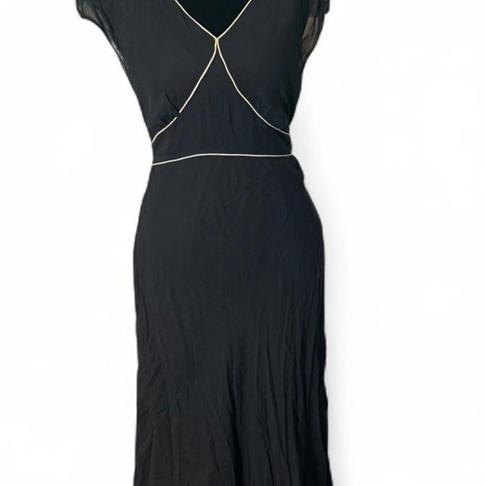 Max Studio Y2K Black Pure Silk Dress Tan Trim V-Neck Tie Back Midi Large
